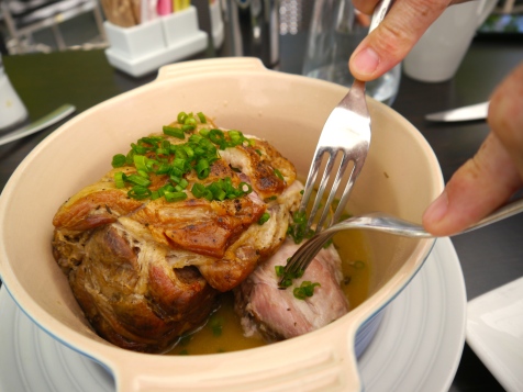 Lucky Pig, roasted pork, served with lettuce or black sesame seed crepes, at Solbar at Solage Resort