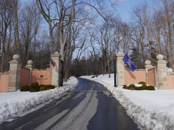 Entrance to Glenmere Mansion, showcasing a Relais & Chateaux flag